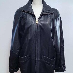 90's Marc New York Black Leather car coat with zip out thermal lining - size S